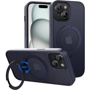 CACOE Magnetic Case for iPhone 15 6.1 inch with 360° Rotatable Ring Stand, Compatible with MagSafe Car Phone Mount, Cases Cover Phone Holder for Desk Meeting/Videos Dark Blue