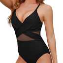 VECENEY Sexy Mesh One Piece Swimsuit Women Criss Cross Back Bathing Suit Twist Front Swim Suits V Neck Swimwear Black M