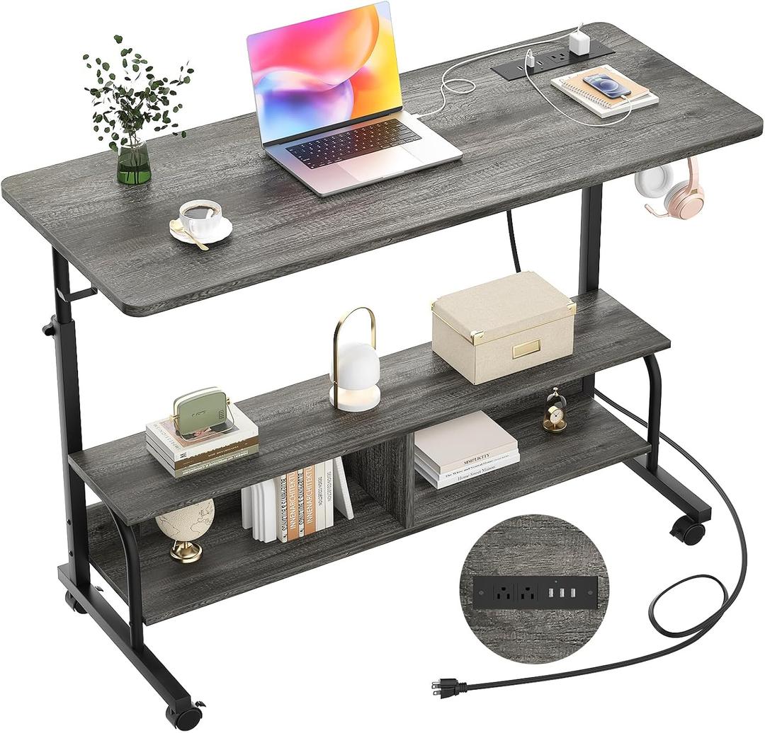 Armocity Rolling Standing Desk with Power Outlets, 47" Manual Height Adjustable Mobile Computer Desk with Wheels, Portable Sit Stand Laptop Couch Table for Bed & Sofa Home Office, Grey Oak