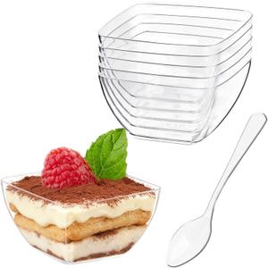 Zezzxu 100 x 2 oz Mini Dessert Cups with Spoons, Clear Reusable Small Square Bowl Tiny Party Serving Plastic Cups for Individual Appetizers, Trifle, Hors D'oeuvres, Shrimp Cocktail Cups