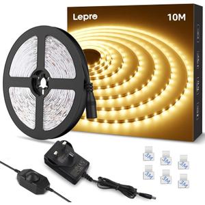 Lepro LED Strip Light Warm White 10M, 2000lm Dimmable LED Taple, 24V UK Plug in LED Strip with Dimmer Switch, 3000K Flexible Stick-on LED Lights for Bedroom, Kitchen, Cupboard, Shelf (1 Roll) [Energy Class E]