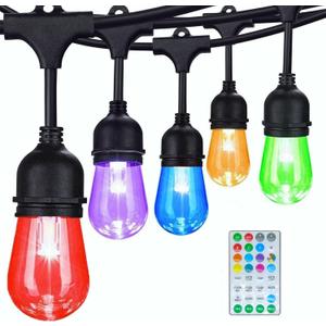 Commercial Grade 48FT LED Outdoor String Lights with Remote Control - 15 Shatterproof Bulbs Waterproof Color Changing Christmas Lights, Dimmable for Patio, Garden, Wedding Decor