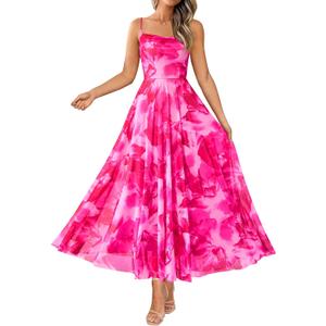 BTFBM Women Summer Floral Maxi Dresses Elegant Spaghetti Strap Dress Printed Party Dress Beach Long Dresses (Floral Pink, Large)