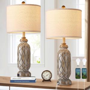 Farmhouse Lamps for Living Room Set of 2, 28" Table Lamps for Bedroom with USB Ports, 3-Way Dimmable Nightstand Table Lamp (Bulbs Included) (Touch Control-Brown)