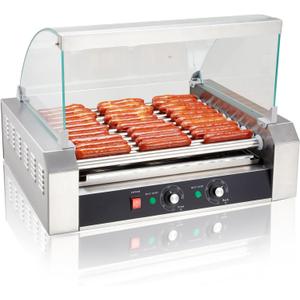 SYBO Hot Dog Roller, 30 Hot Dogs 11 Rollers Grill Cooker Machine with Removable Stainless Steel Drip Tray and Glass Hood Cover, 1430-Watts, Perfect for Commercial And Party