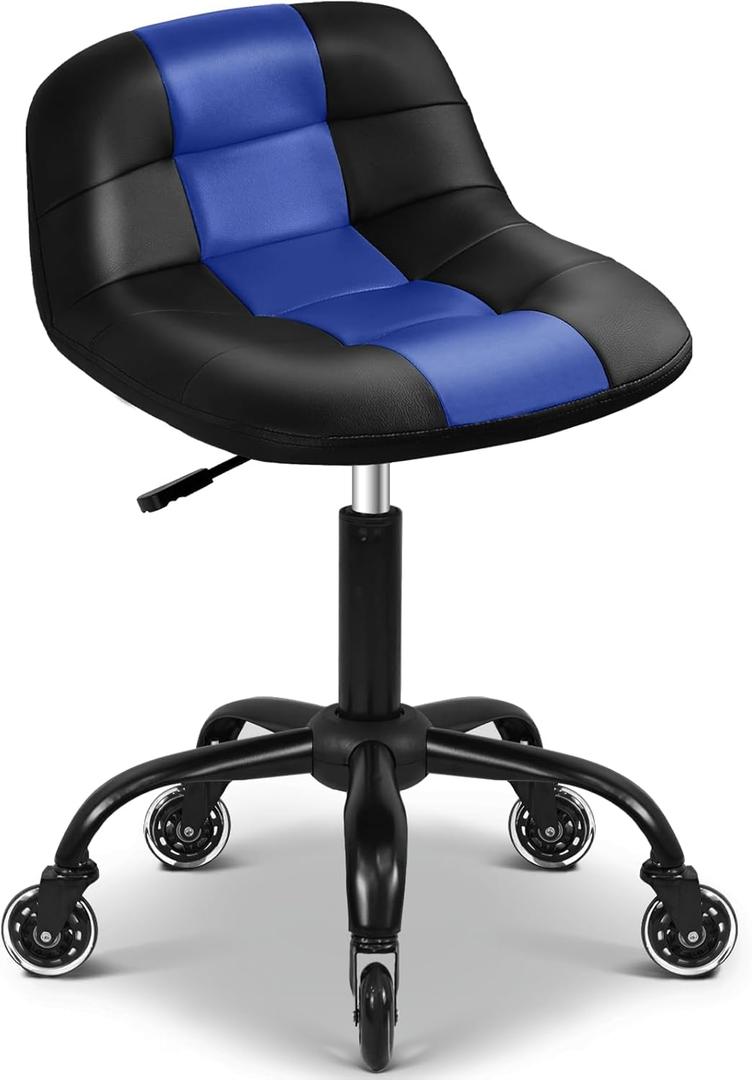 Rolling Shop Stool with Wheels, Rolling Short Stool with Back Support, 360 Swivel Garage Chair, Height Adjustable Chair 330lb Heavy Duty for Spa Salon Massage Home Office Tattoo(Blue)