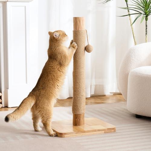 Kicari 29" Tall Cat Scratching Post for Indoor Cats Adults, Extra-Stable & Natural Solid Wood Scratching Post Sisal Scratcher with Hanging Funny Ball, Beige