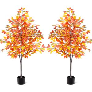 Daifunli 2 Pcs 5ft Fall Tree Autumn Ficus Tree Decor with Pot