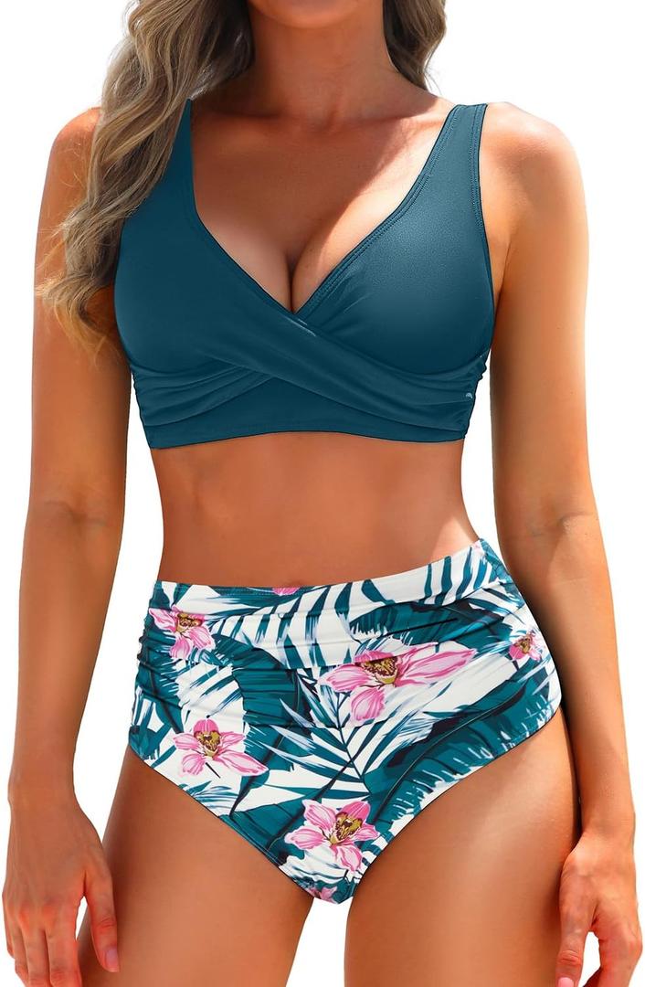 Yonique Women's Two Piece High Waisted Bikini Set Tummy Control Swimsuit Full Coverage Bathing Suit (Large, Teal Floral)