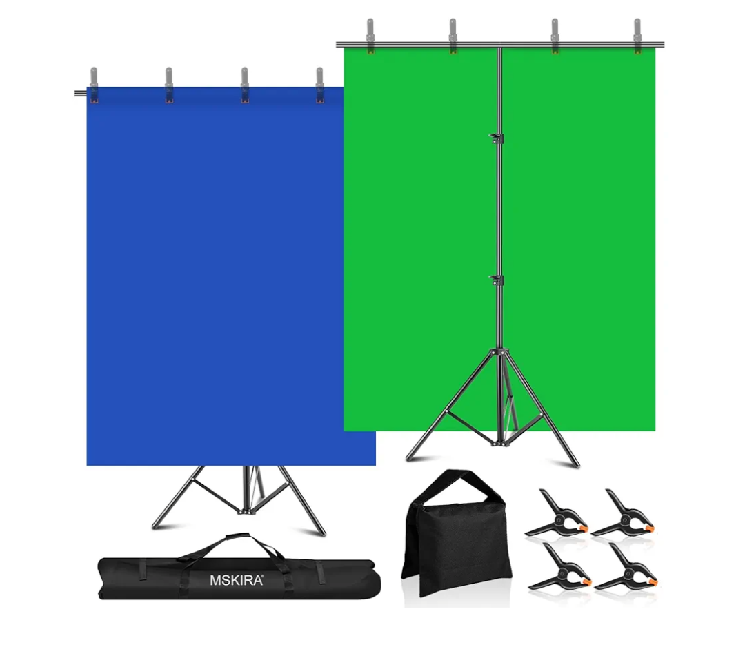 Blue Green Screen Backdrop with Stand Kit, 6.5 X 6.5Ft T-Shaped Adjustable Photo Backdrop Stand 2-in-1 Reversible Blue Greenscreen Background, 4 Clamps, Sandbag
