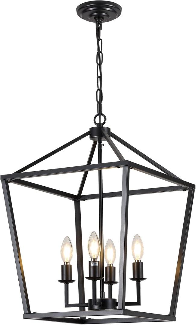 15.75" Black Farmhouse Chandelier for Dining Room, 4-Light Lantern Pendant Light Fixture Industrial Vintage Iron Cage Hanging Light for Entryway Kitchen Island Foyer