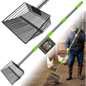 12inch Large Chicken Poop Scooper2 Widths of Slots Litter Sifting Shovel 23 to 66"Chicken Coop Litter Scoop with Stainless Steel Handle, 4 in 1 Multifunctional Heavy Duty Chicken Coop Accessories