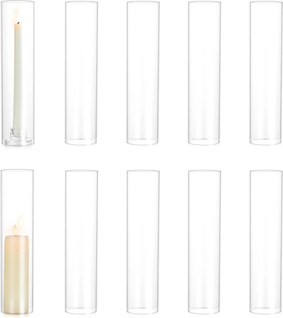 Hewory Hurricane Glass Candle Holders: 10 PCS Clear Open Ended Cylinder Candle Holder Sleeve for Candlestick Holders - Taper Candle Holder Bulk for Wedding Christmas Centerpiece Decor (D 2.5" x H 11")