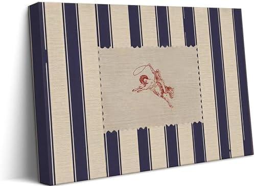 Vintage Striped Rodeo Canvas Wall Art Western Cowboy Rustic Country Retro Horse Painting Picture Wall Decor Mid Century Wild West Farmhouse Poster Artwork for Living Room Bedroom Decorate,Framed