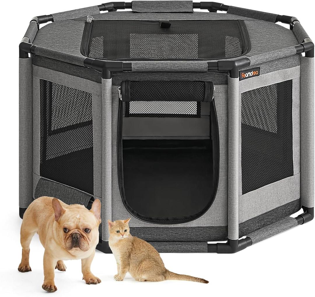 Feandrea Dog Playpen, Oxford Fabric Dog Fence, Octagon Dog Crate, M, 28.3 x 28.3 x 16.9 Inches, PVC Pipe Frame, Breathable Mesh, Double Openings, Dove Gray and Slate Gray UPDC002G01 (28.3"L x 28.3"W x 16.9"H, Dove Gray + Slate Gray)