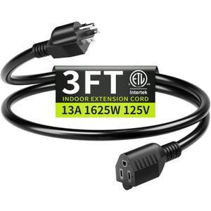 16/3 3FT 13A 125V 1625W, Black Indoor Extension Cord, Short Extension Cord for Laptops, Coffee Makers, Office Home Appliances, 3 Prong Small Resistant Cable Flexible, ETL Listed