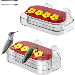Window Hummingbird Feeder for Outdoors, 4 Bee-Proof Feeding Ports, Leak-Proof 10 oz Nectar Reservoir, Built-in Ant Moat, Strong Suction Cups for Up-Close Bird Watching, Easy to Clean (2 Pack)