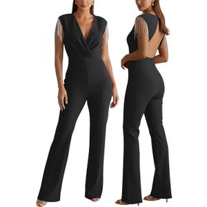 liher Women Summer Backless Rhinestone Fringe Jumpsuits Dressy One Piece Outfits V Neck Wide Leg Pants Formal Party Rompers (Medium, Black)