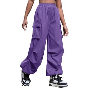OYOANGLE Girl's Y2K Cargo Pants Elastic Waist Jogger Pants Trousers with Pocket (11-12Y, Purple)