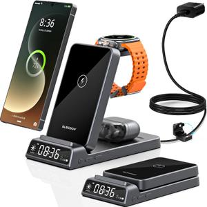 Wireless Charger for Samsung Charging Station with Clock for Samsung Galaxy S25 Ultra/S24/Z Flip 7/Fold 6/Bud, Watch Charger for Samsung Galaxy Watch 8/7/6/5, 3 in 1 Foldable Charging Station (Grey)