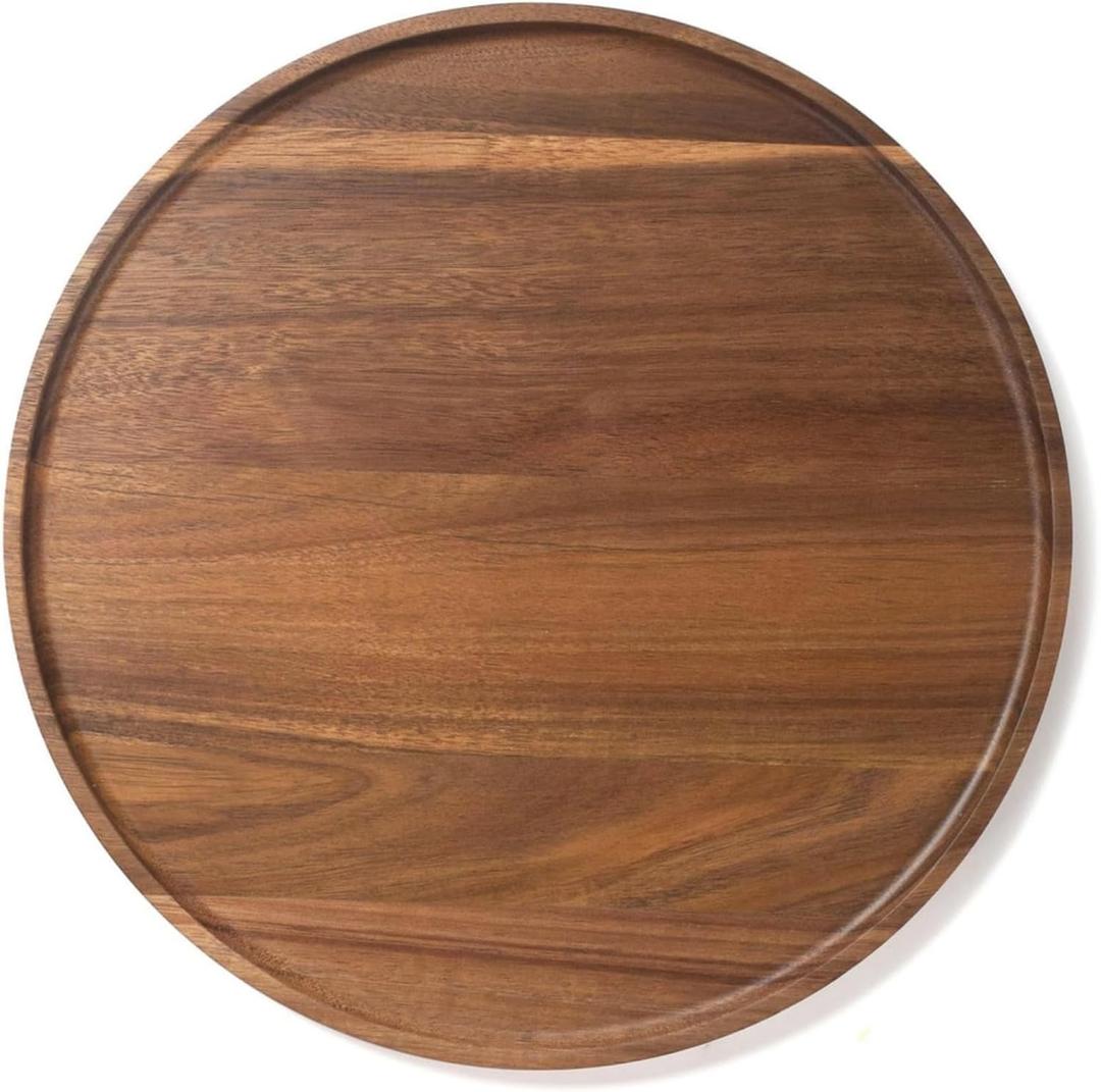 Round Wood Tray, Acacia Wooden Decorative Serving Tray for Coffee Table and Home Decor, Wooden Appetizer Charcuterie Board for Kitchen Countertop (13.8 inch)