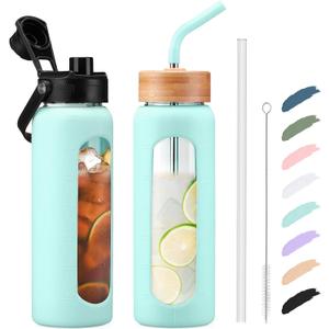 Kodrine Water Bottle with Straw, 24 oz Glass water Bottle with 2 Lids Bamboo Straw Lid and Spout Lid with Handle, Clear Water Bottle Glass for Sports Travel, Waterbottle with Time Marker (Light Blue)