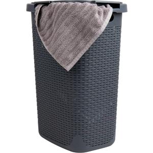 Mind Reader 60L Slim Laundry Hamper, Clothes Basket, Lid, Wicker Design, Plastic, 17.65"L x 13.75"W x 24.15"H, Gray
