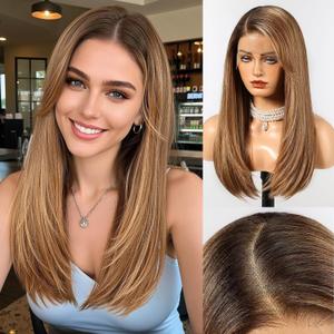 HAIRCUBE 13x6 HD Transparent Lace Front Wig, Ombre Chestnut Brown Long Straight Synthetic Glueless Wig with Natural Density Hairline & Adjustable Cap (#TT4/243(HC244))