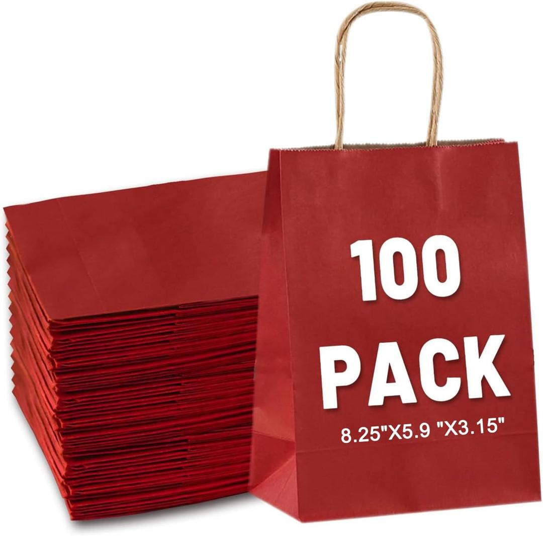 LIHOMR Gift Bags 8.25" x5.9 x3.15 100Pcs Paper Bags with Handles,kraft paper Bags for Small Business Christmas Bulk, Wedding, Party Favor, Shopping, Lunch, Halloween Trick-or-Treat (Red)