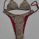 SUUKSESS Women Halter String Two Piece Bikini Sets Reversible Thong Swimsuit (Medium, 105 Red Leopard)
