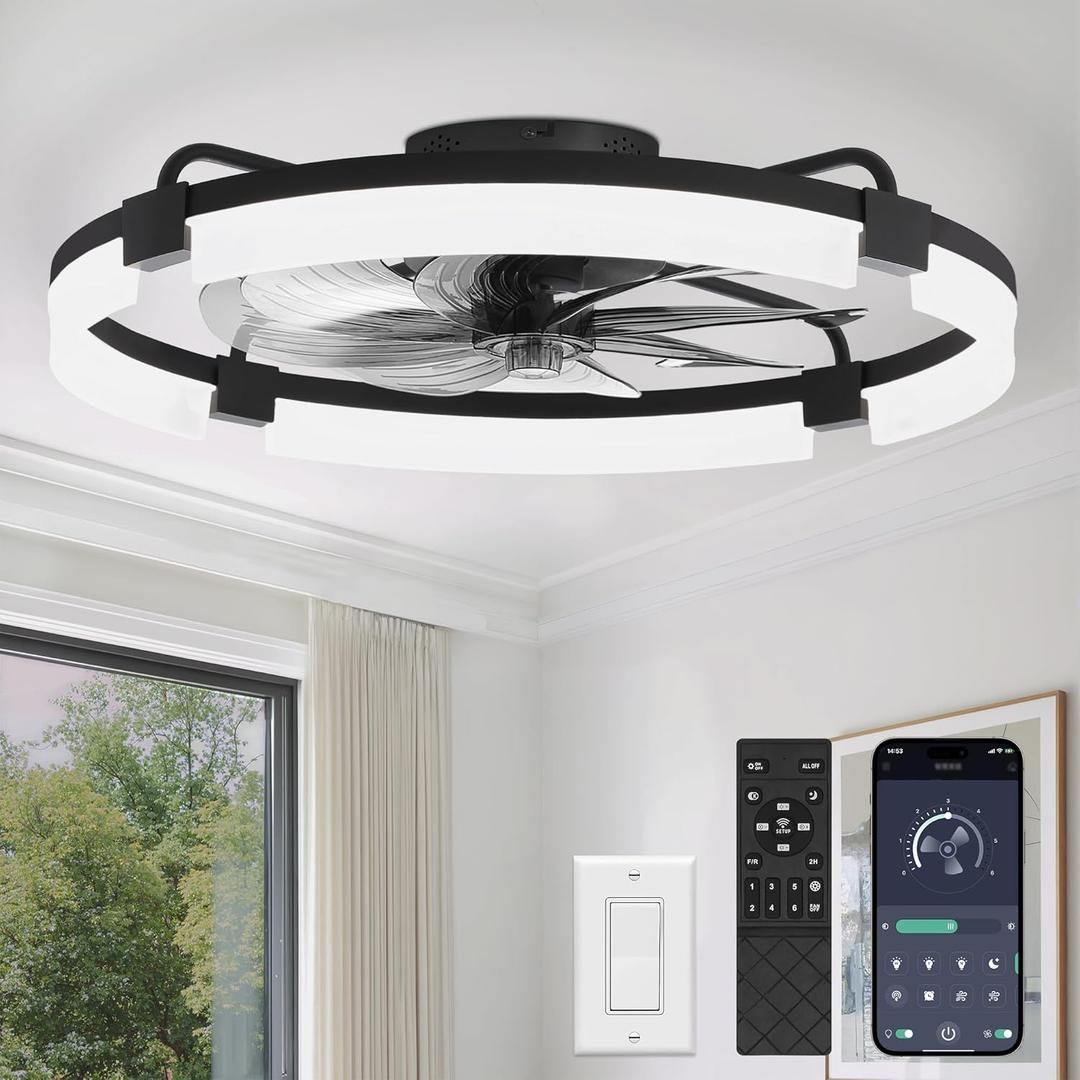 LEDIARY 24" Ceiling Fans with Lights and Remote, Modern Low Profile Ceiling Fan, 3 CCT, Stepless Dimmable, Fandelier Flush Mount Fan Light, 6 Speeds, DC Motor, App & Remote Control for Bedroom(Black)