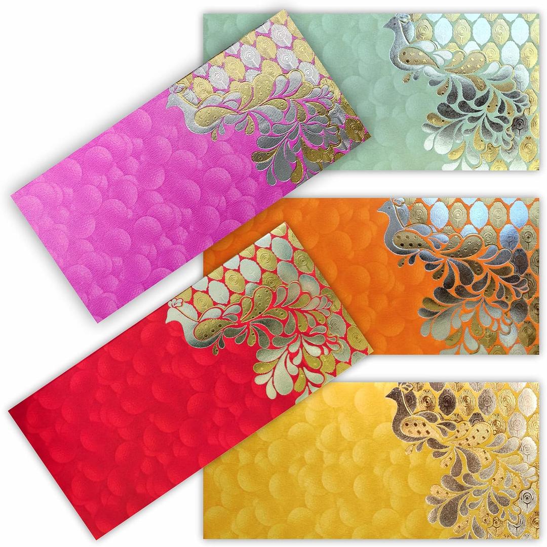 PARTH IMPEX Shagun Gift Envelope for Cash (Pack of 50) 7.5" x 3.5" Peacock Feather Gold Silver Foil Stamping Assorted Color Money Holder Card for Christmas Diwali Birthday Wedding Graduation