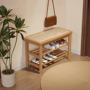 Bamboo Shoe Rack Bench with Rattan Seat, 3-Tier Shoe Storage Bench, Entryway Bench for Hallway Nature-23.62 inches
