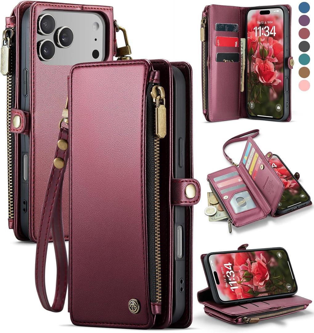 Defencase for iPhone 17 Pro Max Case Wallet with RFID Blocking Card Holder for Women and Men, Fashion PU Leather Magnetic Snap Flip Zipper Strap Wallet Phone Case for iPhone 17 Pro Max 6.9", Wine Red