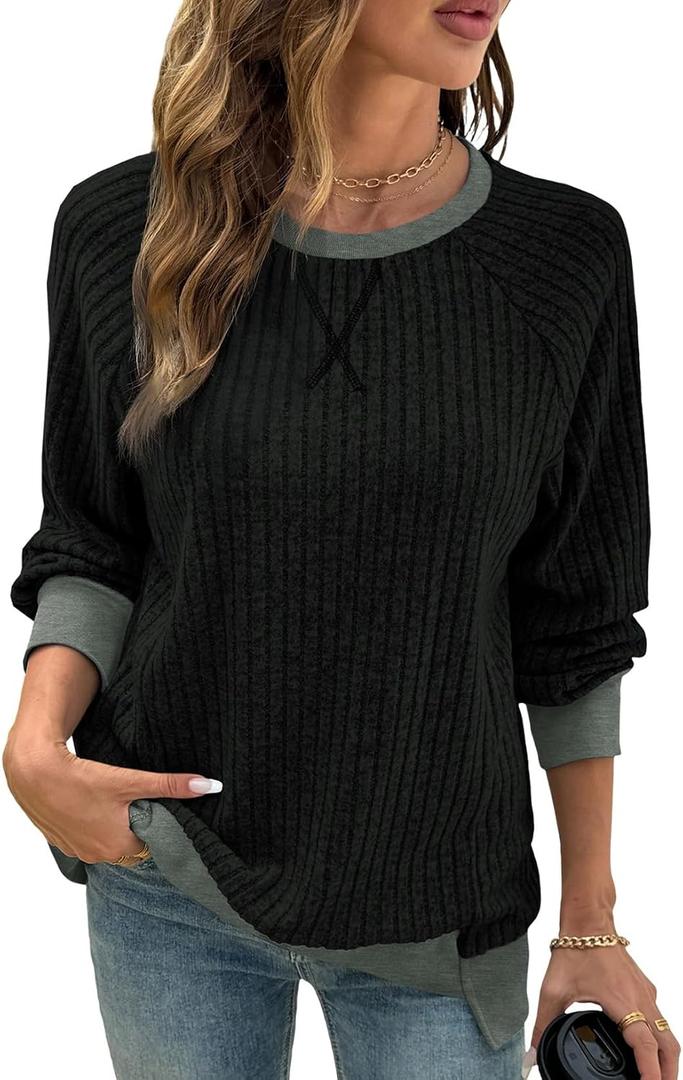 SHEWIN Women Color Block Patchwork Sweatshirt 2025 Fall Pullover Oversized Tops (Black, XL)