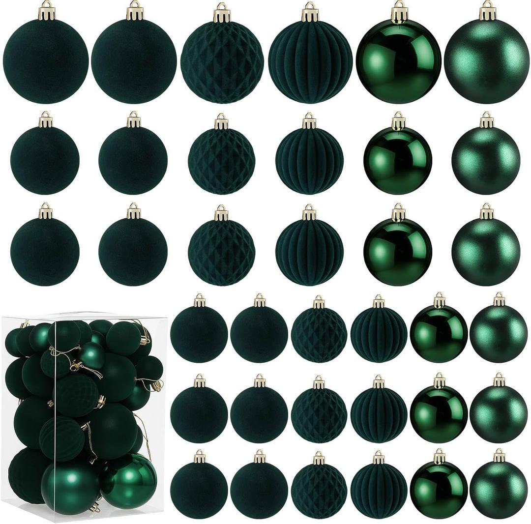 Soulchen 42 Pcs Velvet Christmas Ornaments Set Flocked Dark Green Christmas Ball Ornaments Hanging Shatterproof Xmas Ball Decor with 5 Styles in 3 Sizes for Xmas Tree Holiday Indoor Outdoor Home Decor
