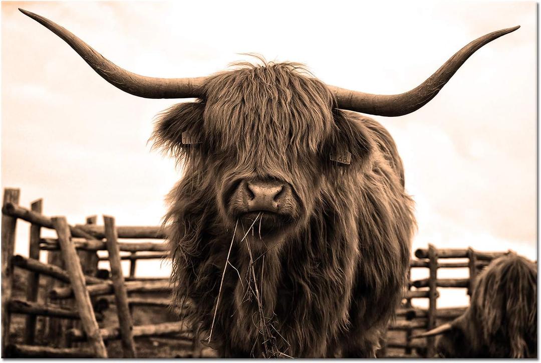 Nachic Wall Animal Canvas Wall Art Sepia Highland Cow Pictures Prints Longhorn Cattle Wall Painting Art Poster Vintage Artwork Living Room Farmhouse Wall Decoration 24x36