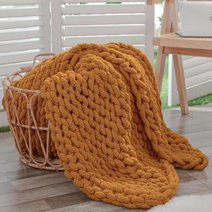 Bigacogo Chunky Knit Throw Blanket for Couch, 40x60 inches, 100% Hand Knitted with Thick Jumbo Chenille Yarn, Cozy Soft Large Rope Knot Cable Crochet Blankets for Sofa Bed Living Room, Burnt Orange