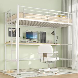 VECELO Loft Bed Twin Size with Desk, Metal Bedframe with Removable Ladder and Safety Guardrail, No Box Spring Needed, Space Saving, Noise Free, Nature White