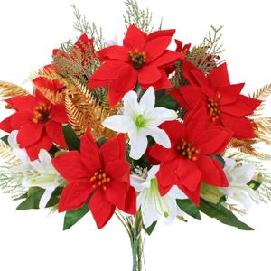 Poinsettia Flowers Artificial, Christmas Flower Arrangements with Lily Pine Needle Winter Florals for Home Indoor Table Centerpieces Outdoor Wedding Party Cemetery (13.77")