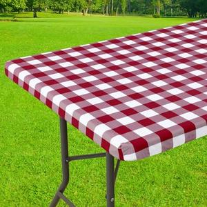 Smiry Rectangle Picnic Table Cloth, Elastic Waterproof Fitted Vinyl Tablecloths, Flannel Backed Buffalo Plaid Table Covers for Dining, Camping, Outdoor (Burgundy and White, 30" x 60")