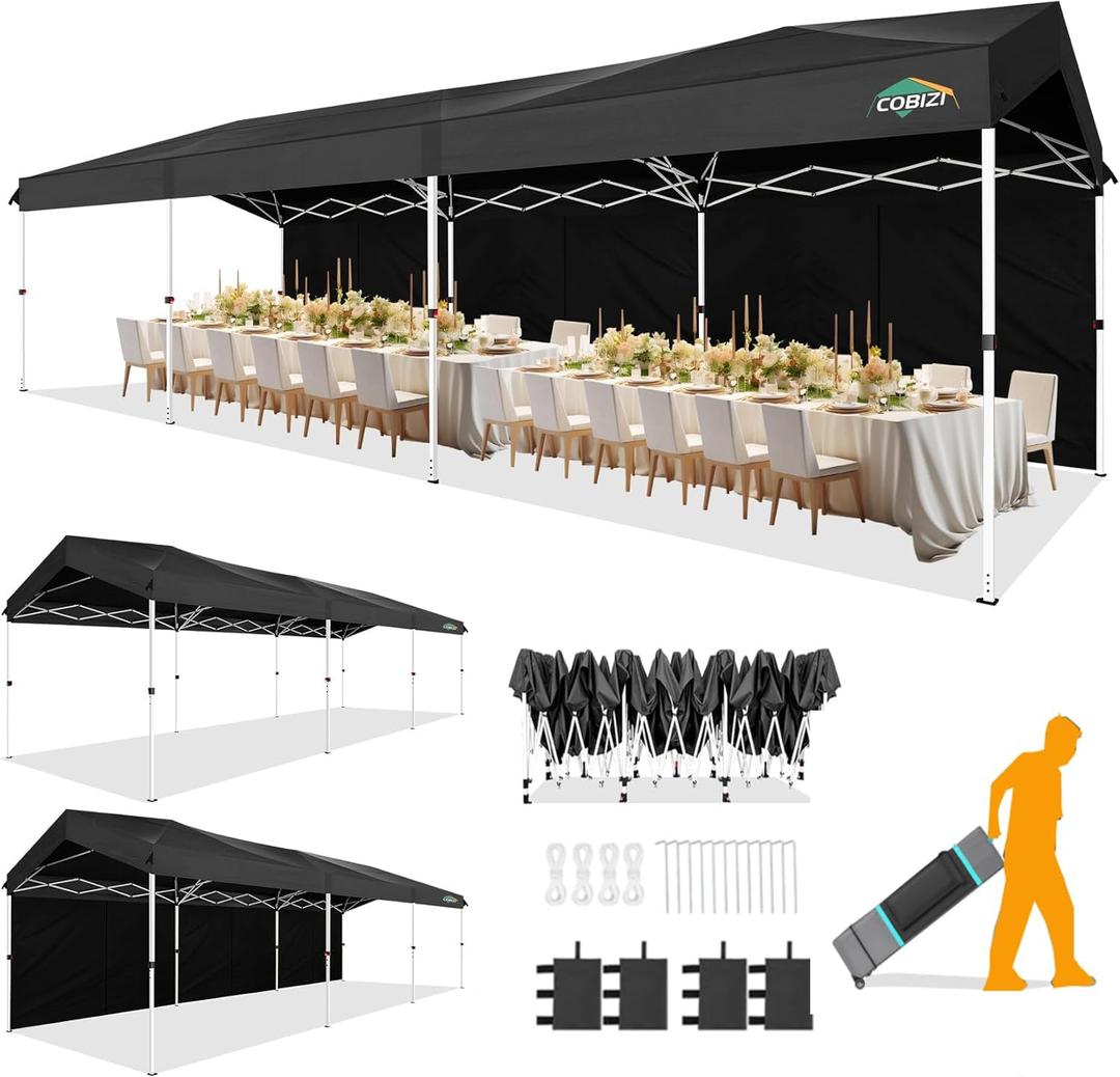 COBIZI 10x30 Party Tent with Wheeled Bag 10x30 Pop up Canopy with One-Push Setup, Outdoor Canopy with 3 Sidewalls Gazebo Event Shelter for Wedding Commercial with Sandbags,Waterproof & UPF50+, Black