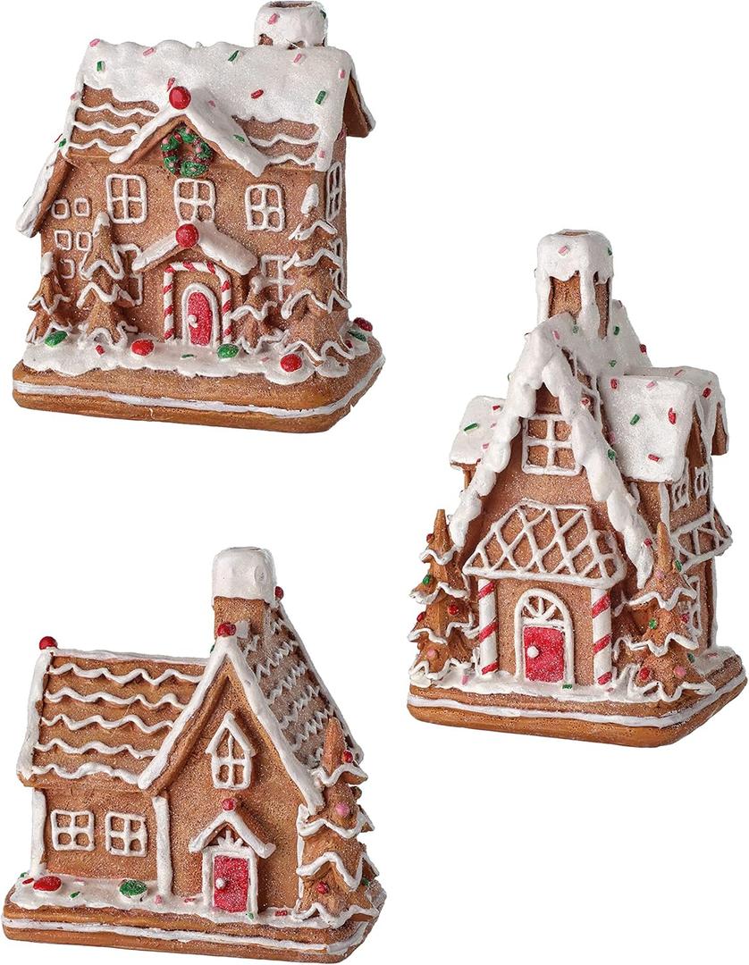 Set of 3 Gingerbread Candy Houses in Clay Dough Resin with Frosted Snow LooK, 5 to 6 Inches Tall, Christmas Village Decor, Brown White