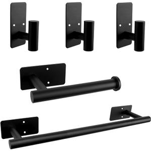 5 PCS Self Adhesive Bathroom Hardware Set, Stainless Steel Towel Rack Set Include 16In Bath Towel Bar+Toilet Paper Holder+3 Towel/Robe Hooks No Drill Bathroom Accessory Kit(Matte Black)