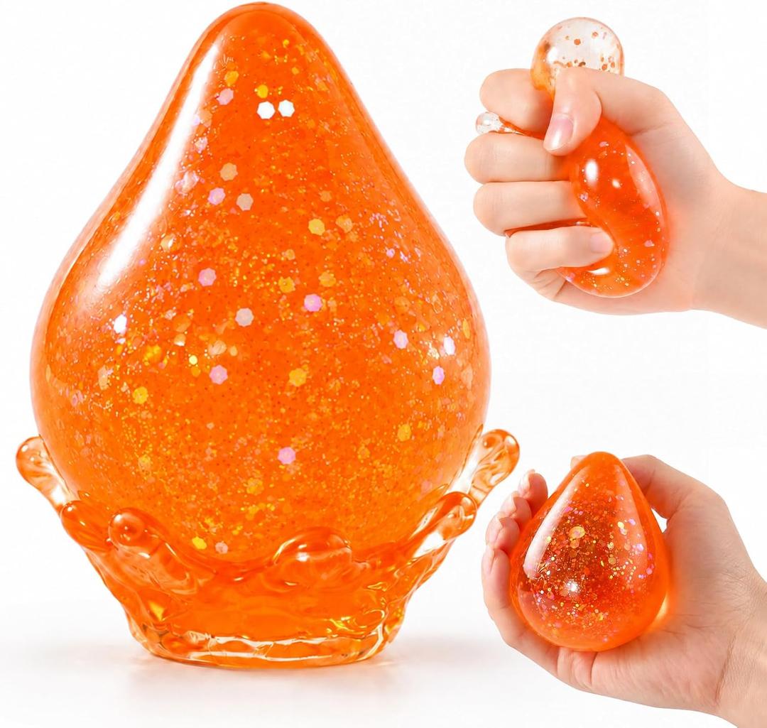 2 x Dream Glitter Drop Squishy, Sugar Droplet Squishy Stress Ball, Water Drop Fidget Toy, Raindrop Squishy Sensory for Anxiety Relief, Slow Rising Squeeze Toy Gift for Birthday (Glitter Orange), 2.36 x 2.36 x 3.55 inches