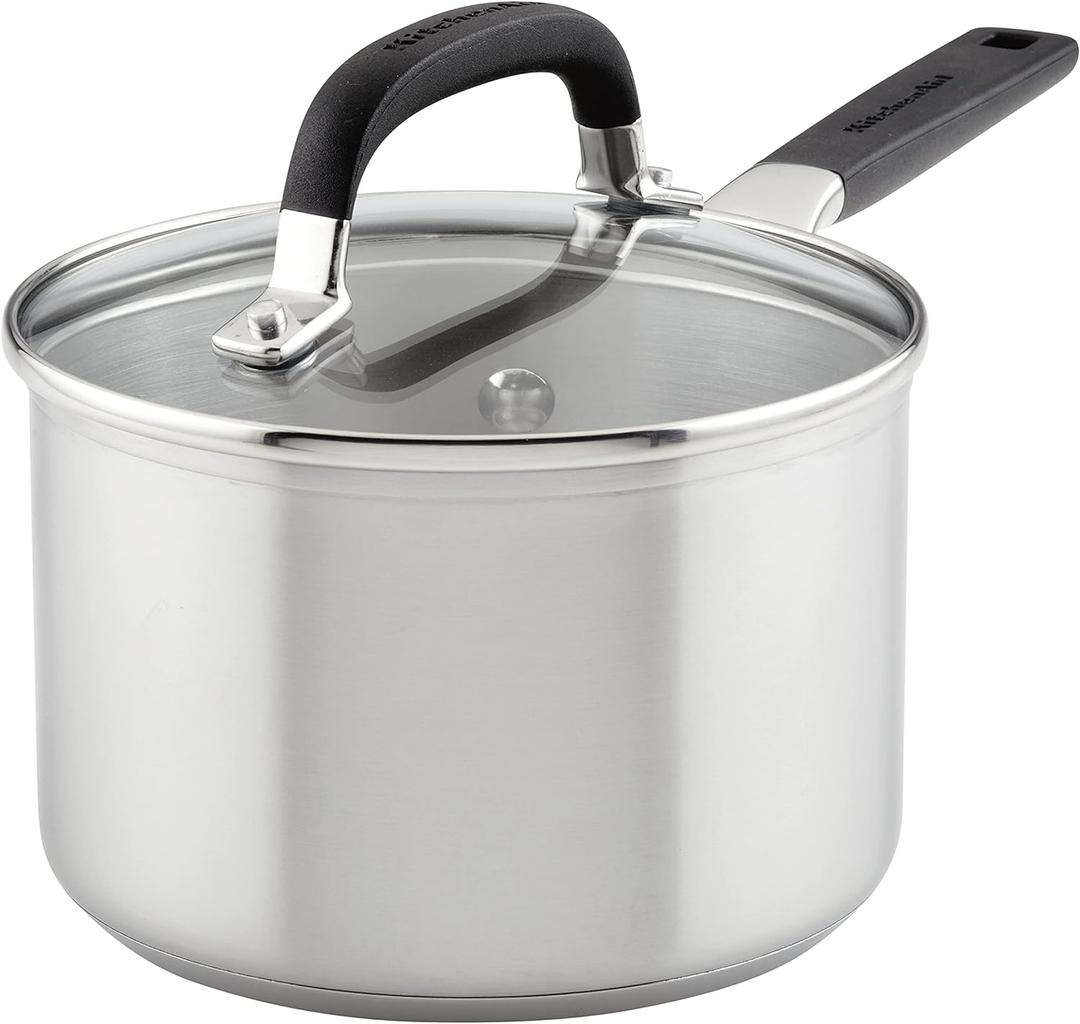 KitchenAid Stainless Steel Saucepan with Measuring Marks and Lid, 2 Quart, Brushed Stainless Steel, 1.6 Quarts