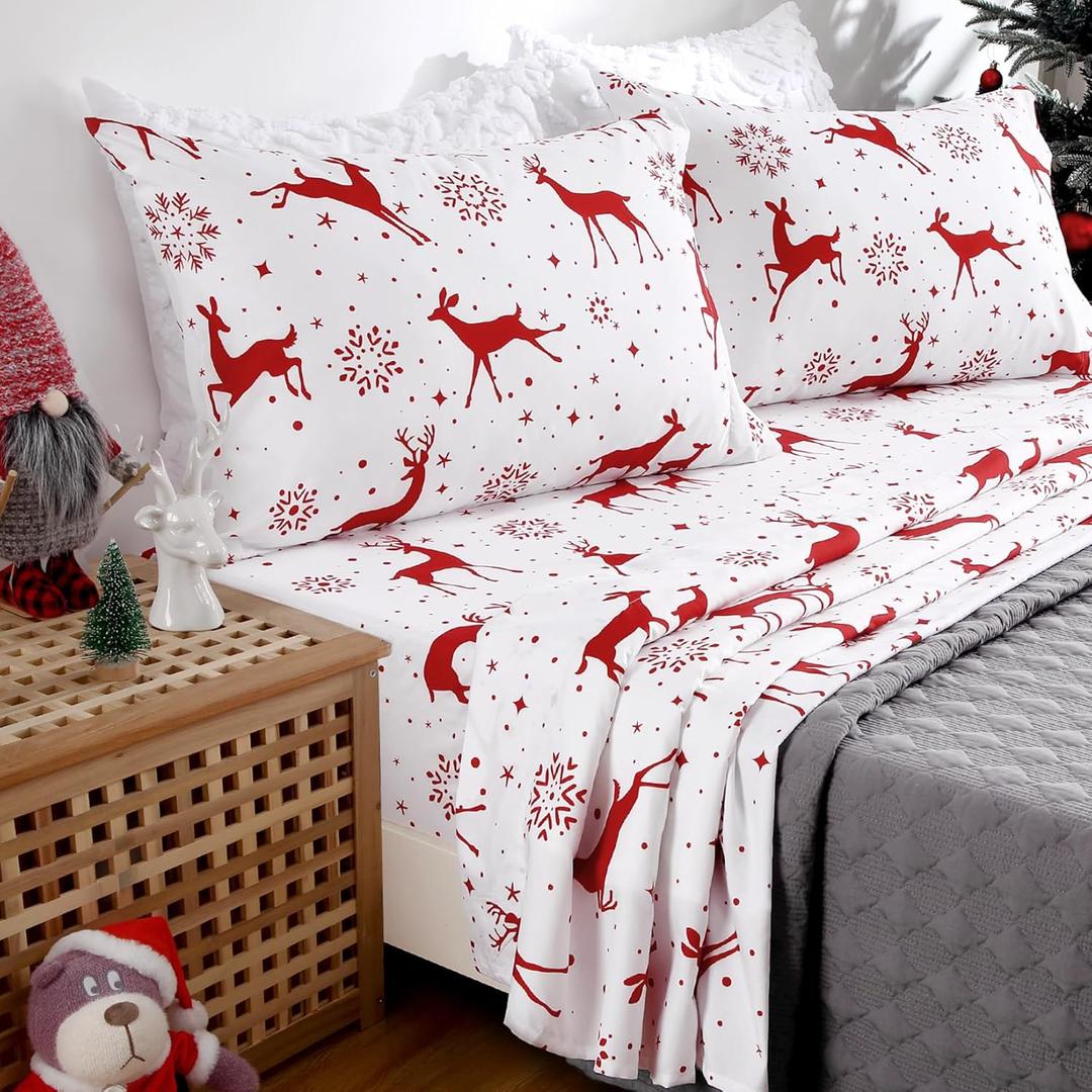 CAROMIO Christmas Sheets Full, Soft Brushed Microfiber Bed Sheet Set, 16 Inches Deep Pocket Fitted Sheet Winter Holiday Sheets Set (Red Reindeer, Full)