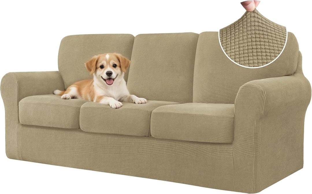 Chun YI 7 Piece Stretch Sofa Cover, 3 Seater Couch Slipcover with Three Separate Backrests and Cushions with Elastic Band, Checks Spandex Jacquard Fabric(Large,Sand)