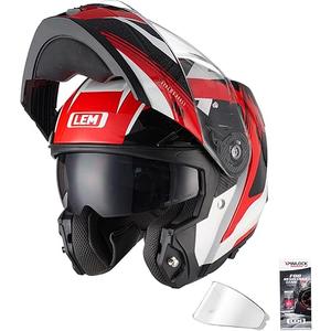 LEM Modular Motorcycle Helmets Fiberglass, Full Face Motorcycle Helmet Flip Up for Touring, DOT Certified, Release Sun Visor & Removable Comfort Liner, Lightweight Street Bike Helmet (Red/White,M)