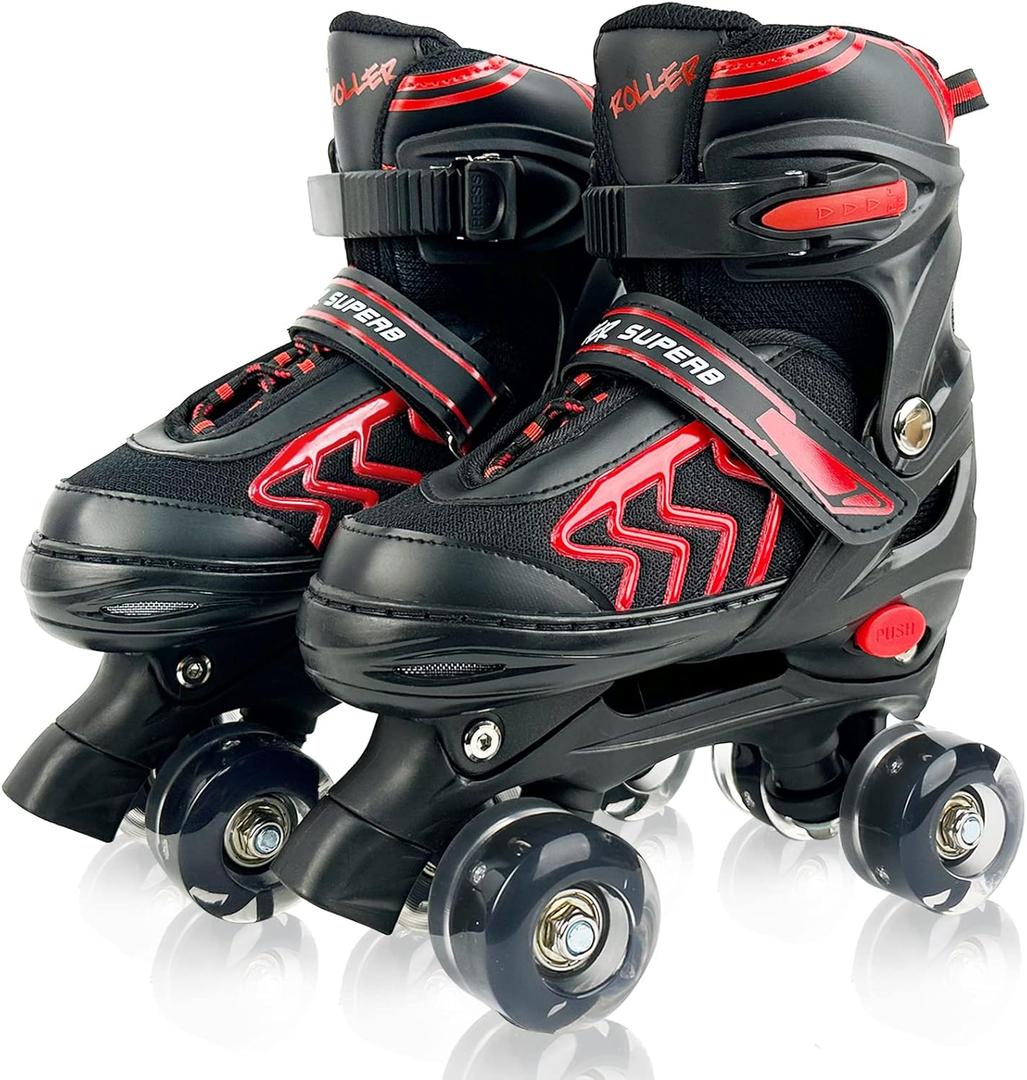 HXWY Kids Roller Skates for Boys Girls Child, Adjustable 4 Sizes Roller Skates for Kids and Youth with Light Up Wheels, Quad Black & Red Roller Skates for Sports (Youth 4-7)